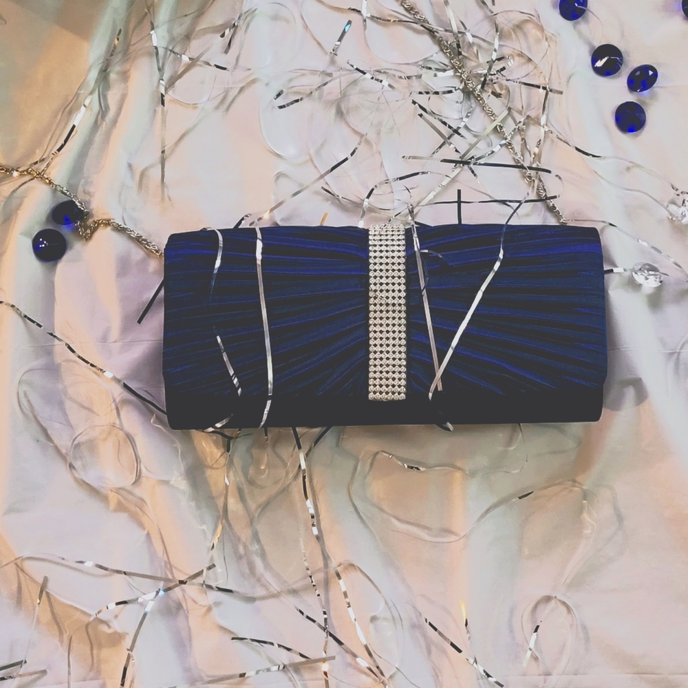 Women's Pleated Satin Blue Rhinestone  Clutch